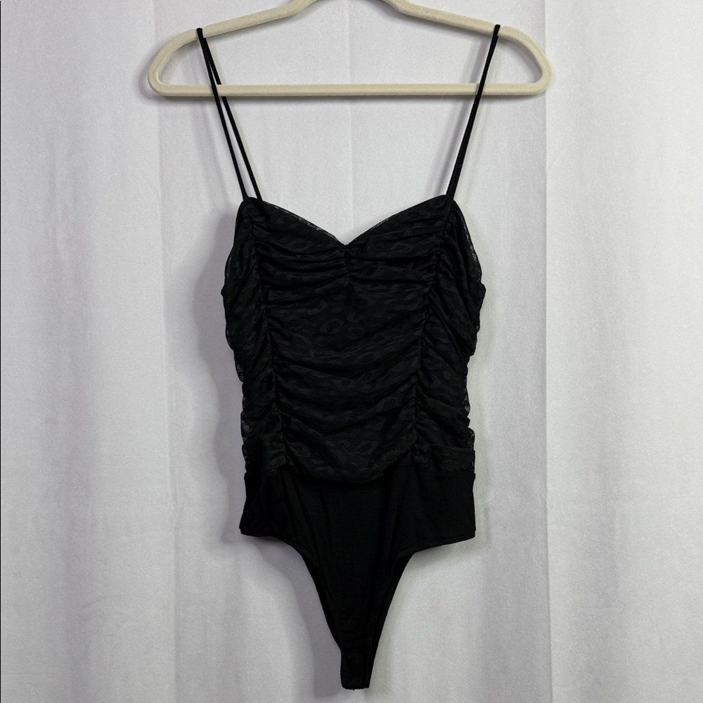 Forever 21 Animal Print Lace Rushed Black One Piece Snap Closure Bodysuit